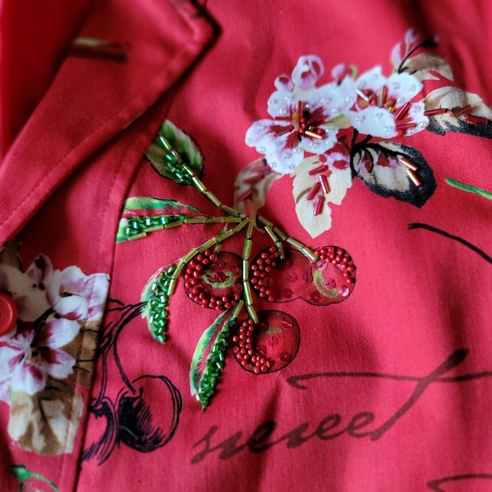 Nancy Bolen City Girl | Red Cherry Print Beaded‎ Blazer Jacket | Size 4 - Picture 3 of 6